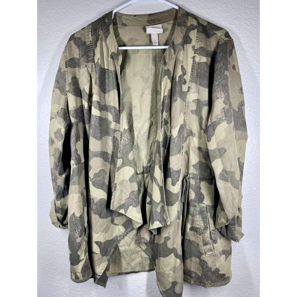 Knox Rose Jacket Cardi Camo Womens Sz Lg Utility Tab Sleeve Open Drape Front